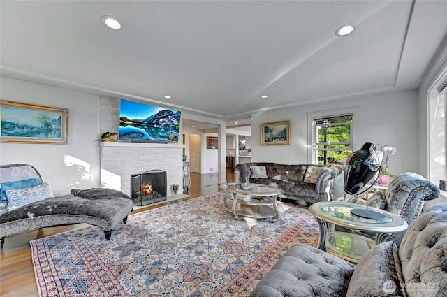 10825 Marine View Dr SW, Seattle, WA 98146 - living room featuring wood finished floors, a fireplace, and recessed lighting