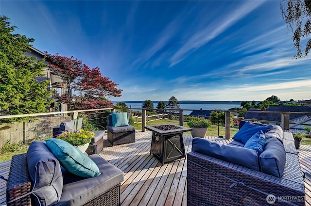 10825 Marine View Dr SW, Seattle, WA 98146 - wooden deck featuring an outdoor living space with a fire pit and a water view