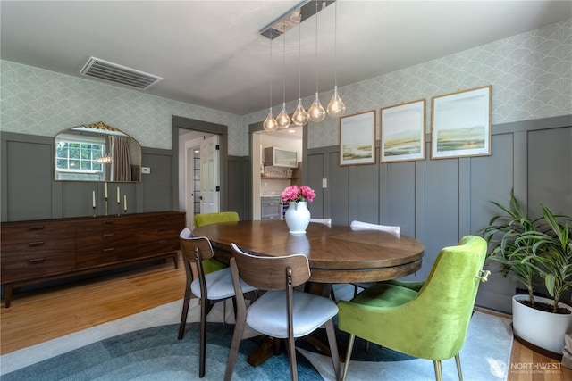515 S Division St, Walla Walla, WA 99362 - dining space featuring wallpapered walls, a decorative wall, wainscoting, and wood finished floors