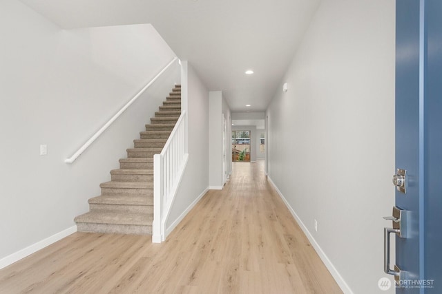 13307 SE 238th Pl Unit 11, Kent, WA 98042 - hallway with light wood-style flooring, stairs, baseboards, and recessed lighting