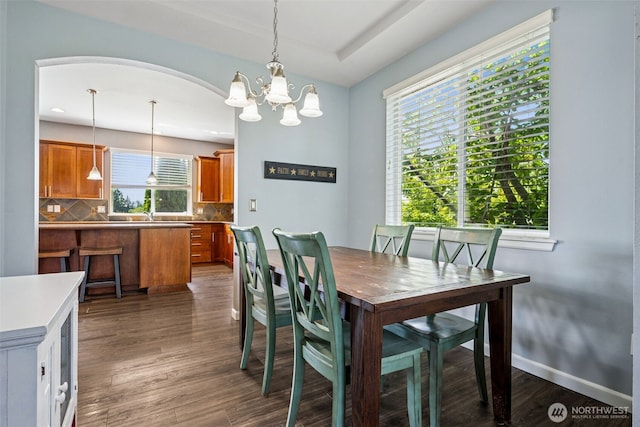 10089 Jensen Dr SE, Yelm, WA 98597 - dining area featuring a chandelier, dark wood finished floors, and recessed lighting