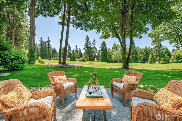5520 Canvasback Rd, Blaine, WA 98230 - view of patio / terrace featuring outdoor lounge area and view of wooded area