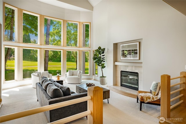 5520 Canvasback Rd, Blaine, WA 98230 - living room with carpet floors, a tiled fireplace, high vaulted ceiling, and healthy amount of natural light
