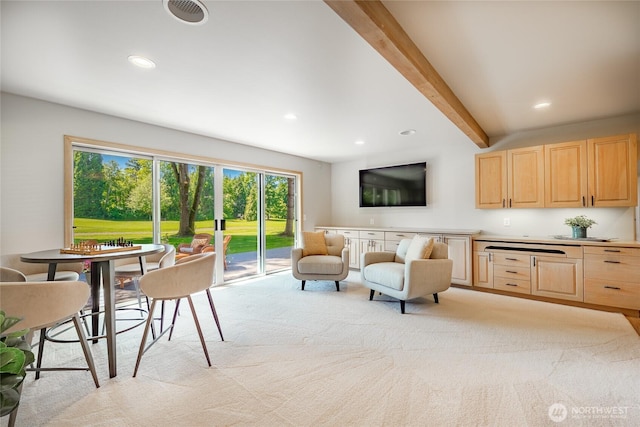 5520 Canvasback Rd, Blaine, WA 98230 - living room with beamed ceiling, recessed lighting, and light carpet