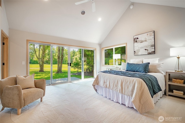 5520 Canvasback Rd, Blaine, WA 98230 - bedroom featuring light colored carpet, access to exterior, high vaulted ceiling, and recessed lighting