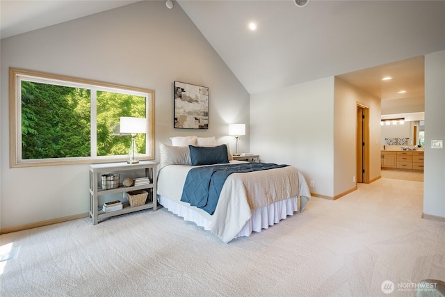 5520 Canvasback Rd, Blaine, WA 98230 - bedroom featuring light carpet, baseboards, high vaulted ceiling, recessed lighting, and ensuite bathroom