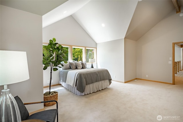 5520 Canvasback Rd, Blaine, WA 98230 - bedroom with baseboards, light carpet, recessed lighting, and high vaulted ceiling