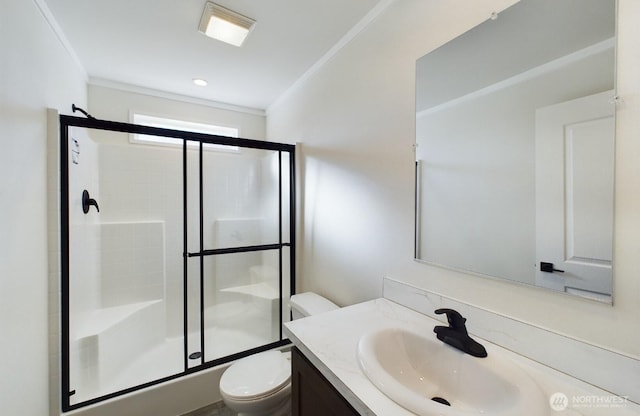 704 N 3rd St, Westport, WA 98595 - bathroom with toilet, an enclosed shower, vanity, and ornamental molding