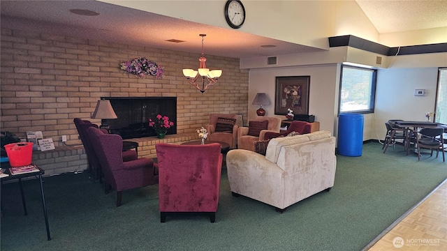 1402 22nd St NE Unit 252, Auburn, WA 98002 - living room featuring a textured ceiling, lofted ceiling, and a brick fireplace
