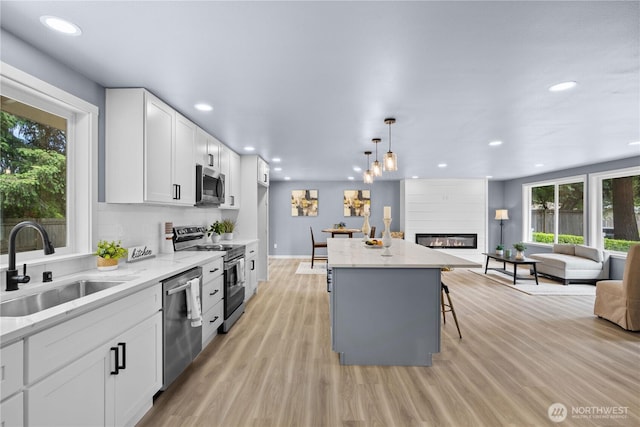 18604 9th Avenue Ct E, Spanaway, WA 98387 - kitchen featuring stainless steel appliances, a large fireplace, recessed lighting, light wood-style floors, and open floor plan