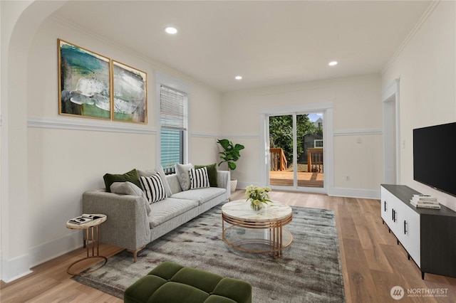 422 S Wright Ave, Tacoma, WA 98418 - living area featuring ornamental molding, light wood-style floors, and recessed lighting