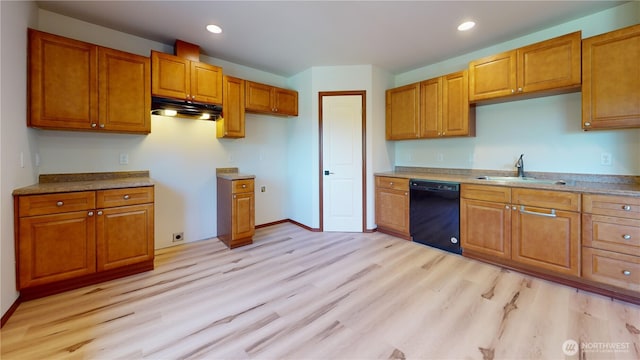 17765 25th Ave NE, Shoreline, WA 98155 - kitchen featuring dishwasher, a sink, light wood-type flooring, brown cabinetry, and recessed lighting