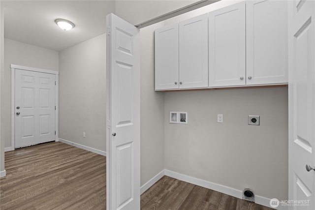 17621 Vine Ln SE, Yelm, WA 98597 - laundry room featuring cabinet space, dark wood finished floors, electric dryer hookup, and hookup for a washing machine