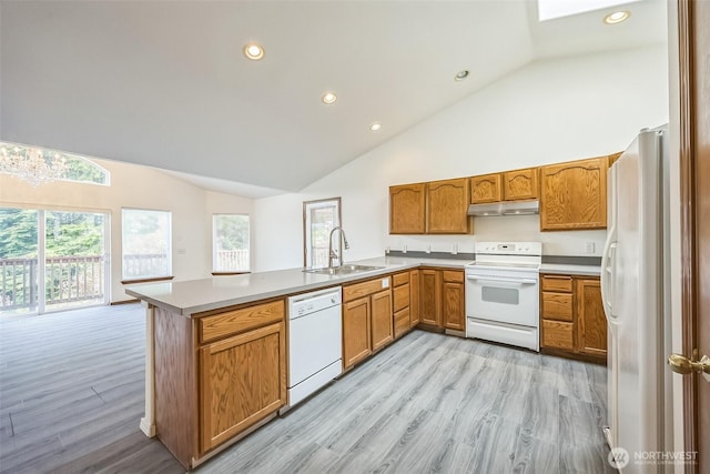 5 Bayview Ln, Hoquiam, WA 98550 - kitchen featuring white appliances, a sink, high vaulted ceiling, under cabinet range hood, and a peninsula