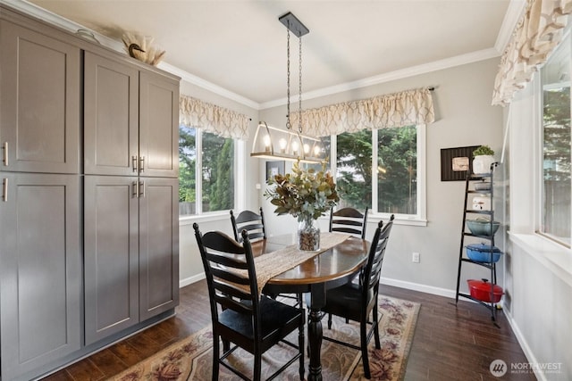19409 90th Avenue Ct E, Graham, WA 98338 - dining area with plenty of natural light, dark wood-type flooring, a chandelier, ornamental molding, and baseboards