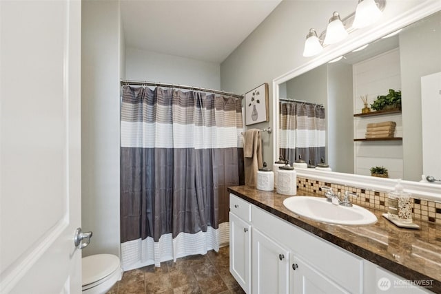 19409 90th Avenue Ct E, Graham, WA 98338 - full bath featuring vanity, backsplash, toilet, and a shower with shower curtain
