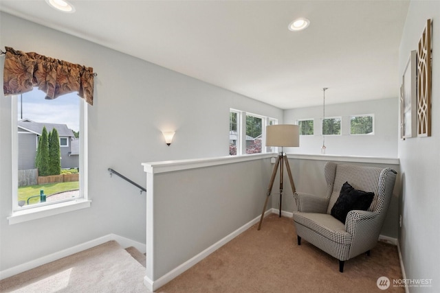 19409 90th Avenue Ct E, Graham, WA 98338 - sitting room featuring carpet floors, baseboards, an upstairs landing, and recessed lighting