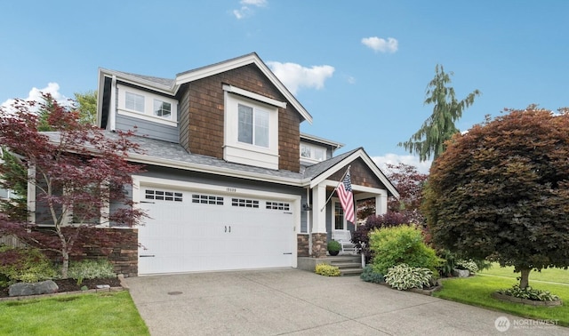 19409 90th Avenue Ct E, Graham, WA 98338 - craftsman inspired home with a garage, concrete driveway, stone siding, roof with shingles, and a front yard