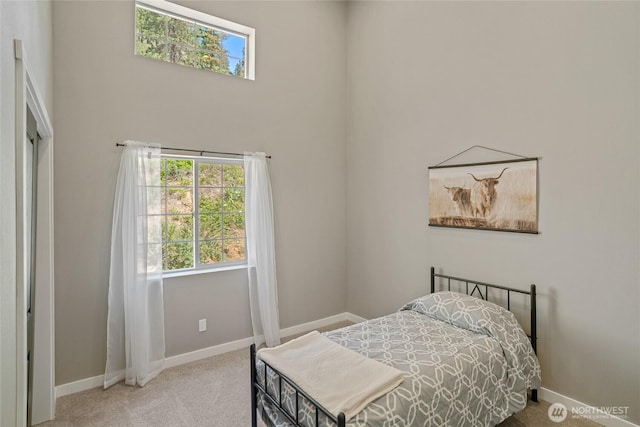 10642 Merry Canyon Rd, Leavenworth, WA 98820 - carpeted bedroom with multiple windows, baseboards, and a high ceiling