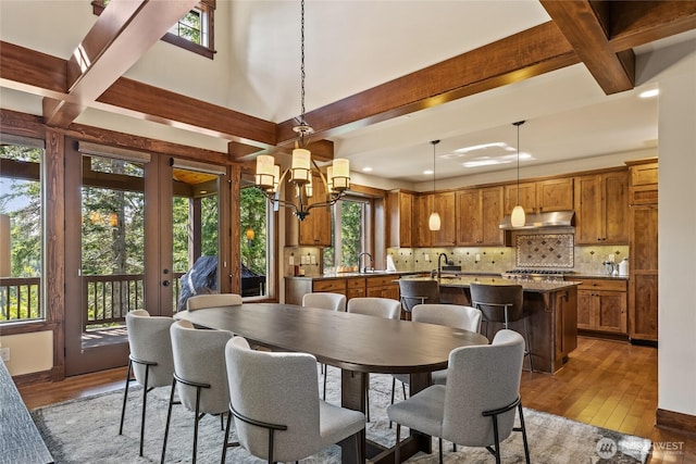 420 Black Nugget Ln, Cle Elum, WA 98922 - dining area featuring a chandelier, hardwood / wood-style flooring, beamed ceiling, plenty of natural light, and recessed lighting