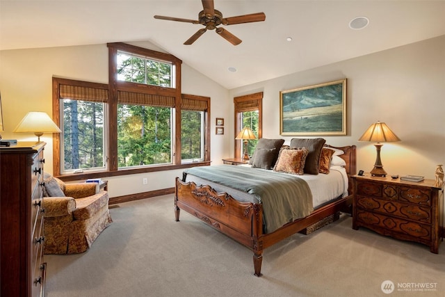 420 Black Nugget Ln, Cle Elum, WA 98922 - carpeted bedroom featuring baseboards, high vaulted ceiling, and ceiling fan