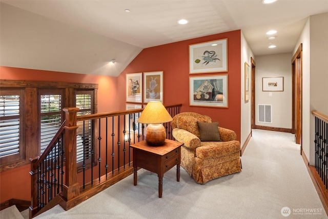 420 Black Nugget Ln, Cle Elum, WA 98922 - living area featuring baseboards, carpet, lofted ceiling, an upstairs landing, and recessed lighting