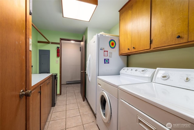 7823 Parker Rd, Sedro Woolley, WA 98284 - washroom featuring washer and dryer, light tile patterned flooring, cabinet space, baseboard heating, and electric panel