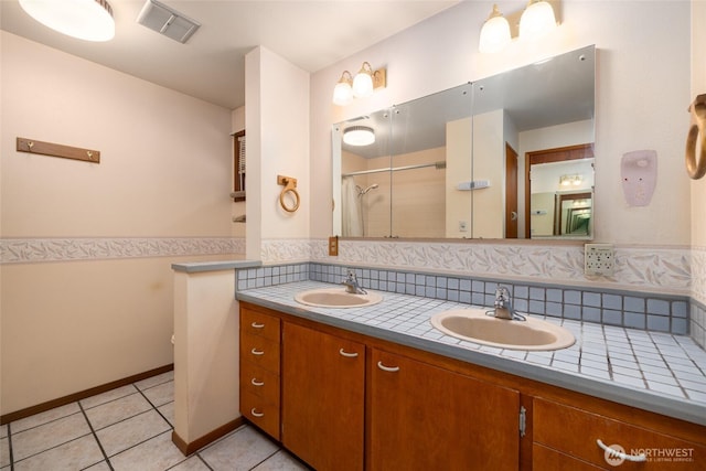 7823 Parker Rd, Sedro Woolley, WA 98284 - full bathroom with double vanity, a shower with curtain, and tile patterned floors
