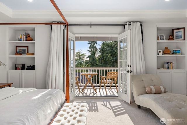 6817 Picnic Point Rd, Edmonds, WA 98026 - carpeted bedroom with crown molding, access to outside, and french doors