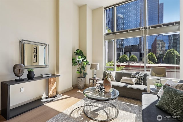 900 Lenora St Unit W106, Seattle, WA 98121 - living area featuring a towering ceiling, wood finished floors, and a view of city