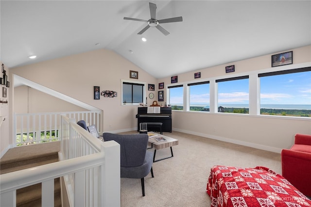 24 Jacalyn Ln, Grayland, WA 98547 - living area with a ceiling fan, vaulted ceiling, light colored carpet, baseboards, and recessed lighting