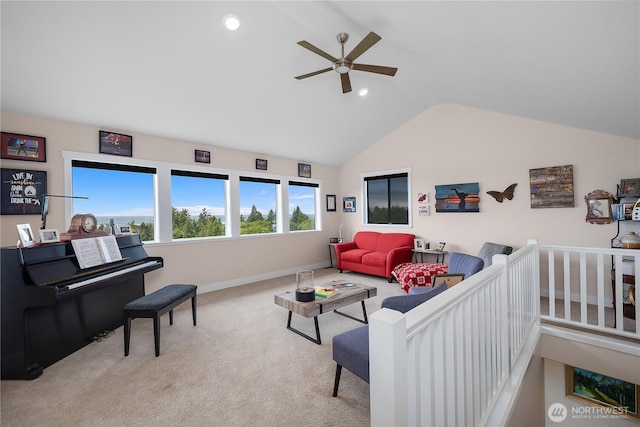 24 Jacalyn Ln, Grayland, WA 98547 - living area featuring ceiling fan, lofted ceiling, carpet flooring, recessed lighting, and baseboards