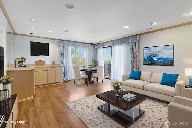 4026 SW 328th St, Federal Way, WA 98023 - living area featuring crown molding, light wood-style flooring, and recessed lighting