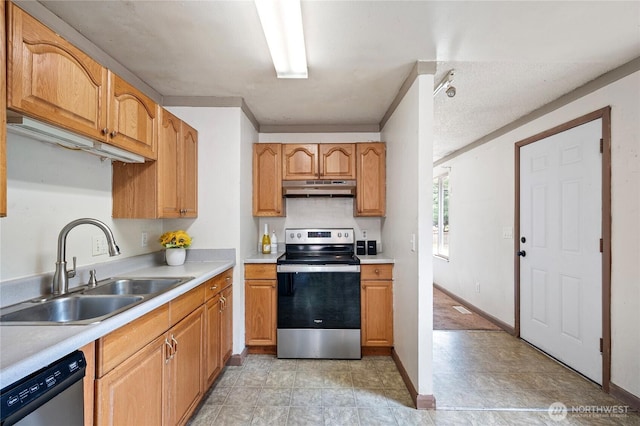12244 NE 136th Pl, Kirkland, WA 98034 - kitchen with appliances with stainless steel finishes, under cabinet range hood, light countertops, and brown cabinetry