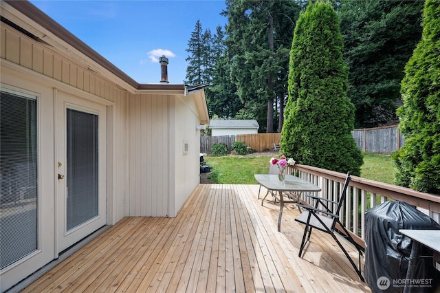 12244 NE 136th Pl, Kirkland, WA 98034 - wooden terrace featuring a fenced backyard, outdoor dining space, and grilling area