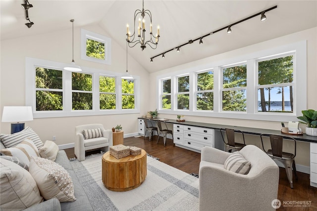 2575 Bretland Rd, Camano Island, WA 98282 - living room with rail lighting, a chandelier, wood finished floors, baseboards, and high vaulted ceiling