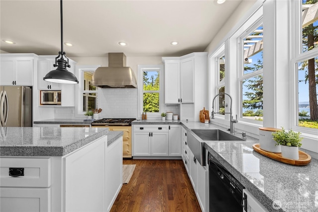 2575 Bretland Rd, Camano Island, WA 98282 - kitchen featuring island range hood, stainless steel appliances, recessed lighting, white cabinets, and dark wood-style flooring