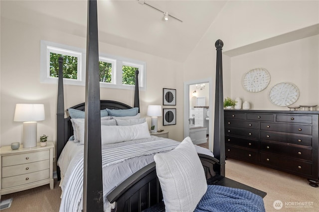 2575 Bretland Rd, Camano Island, WA 98282 - carpeted bedroom with track lighting, lofted ceiling, and connected bathroom