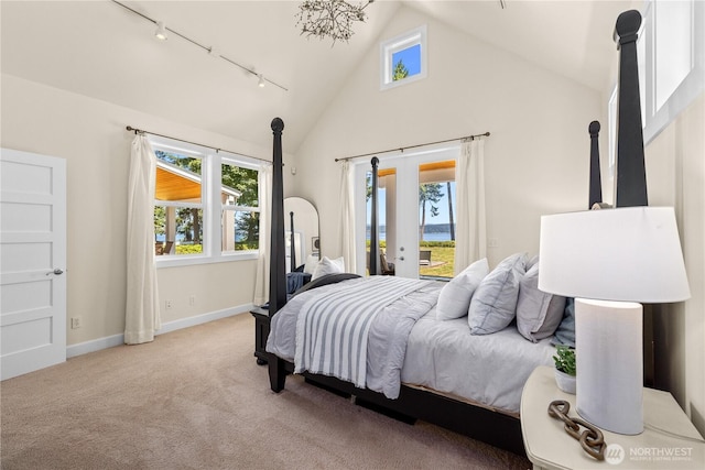 2575 Bretland Rd, Camano Island, WA 98282 - bedroom with access to outside, rail lighting, baseboards, carpet floors, and a water view