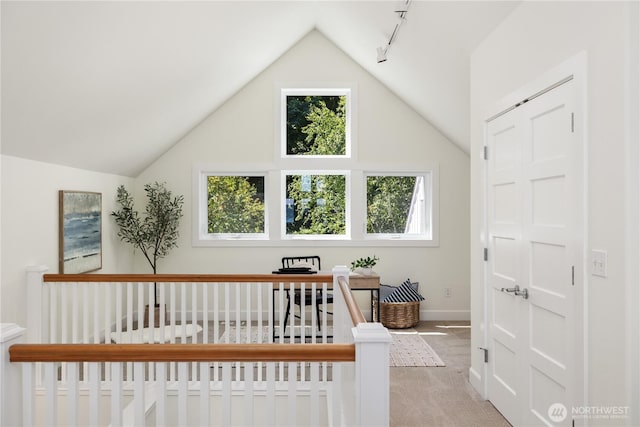 2575 Bretland Rd, Camano Island, WA 98282 - bedroom featuring light colored carpet, lofted ceiling, track lighting, a closet, and baseboards