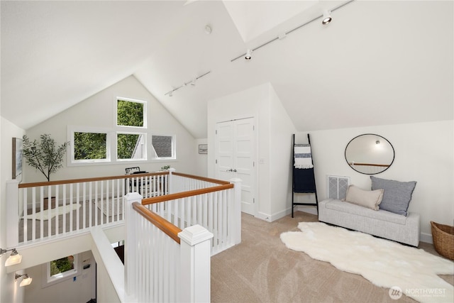 2575 Bretland Rd, Camano Island, WA 98282 - sitting room with an upstairs landing, rail lighting, lofted ceiling, light colored carpet, and baseboards