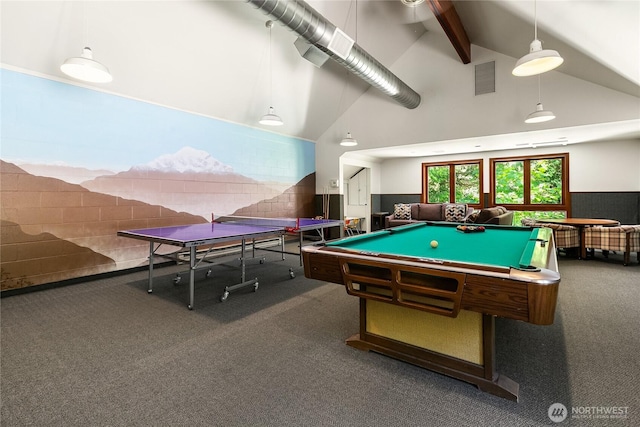 10500 Mt Baker Hwy Unit 905, Deming, WA 98244 - playroom with carpet, beamed ceiling, high vaulted ceiling, pool table, and a wainscoted wall