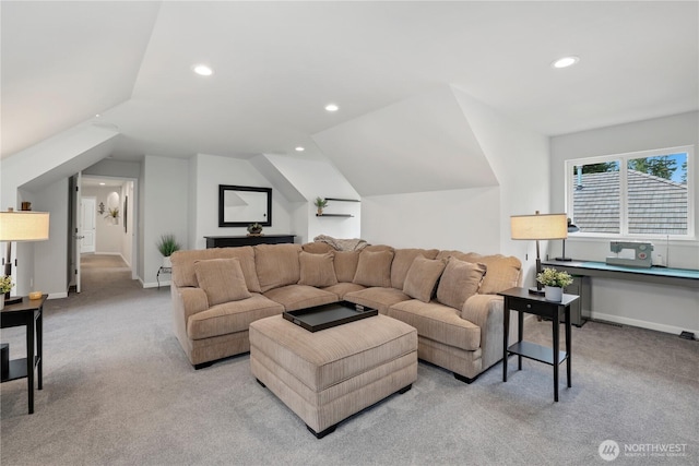 7531 Hawkstone Ave SW, Port Orchard, WA 98367 - living room with light carpet, recessed lighting, vaulted ceiling, and baseboards