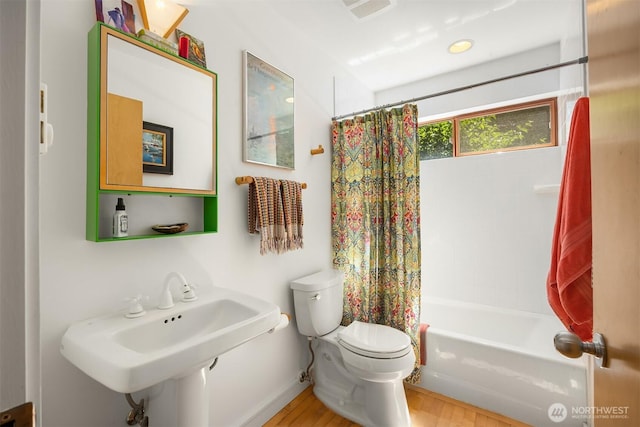 9000 NE Hidden Cove Rd, Bainbridge Island, WA 98110 - full bathroom with shower / bathtub combination with curtain and wood finished floors