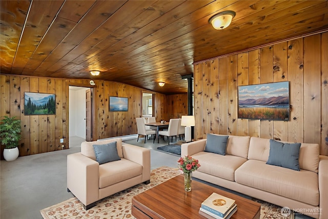967 High Rd, Camano Island, WA 98282 - living room featuring wooden walls, wooden ceiling, and carpet flooring