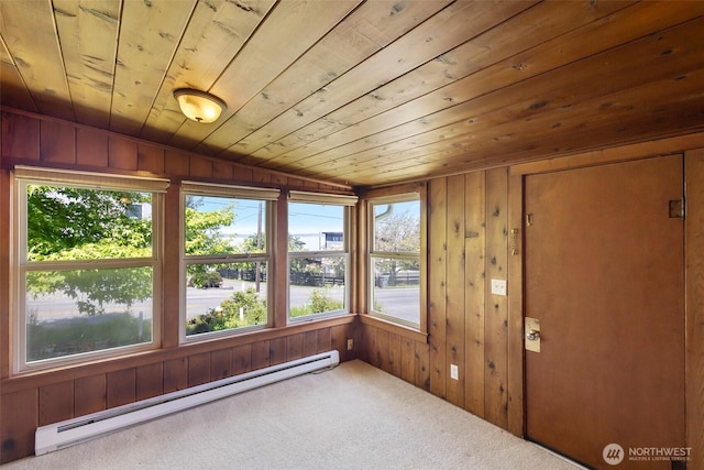 967 High Rd, Camano Island, WA 98282 - unfurnished sunroom with a baseboard heating unit, carpet floors, plenty of natural light, wooden ceiling, and wood walls