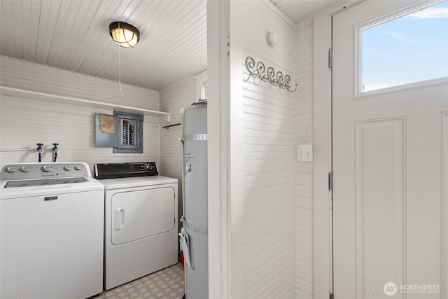 967 High Rd, Camano Island, WA 98282 - laundry area with washing machine and clothes dryer, electric panel, secured water heater, and light floors