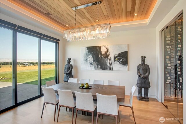 335 Brickwood Dr, Walla Walla, WA 99362 - dining room featuring wood ceiling, a chandelier, light wood-style floors, and a raised ceiling