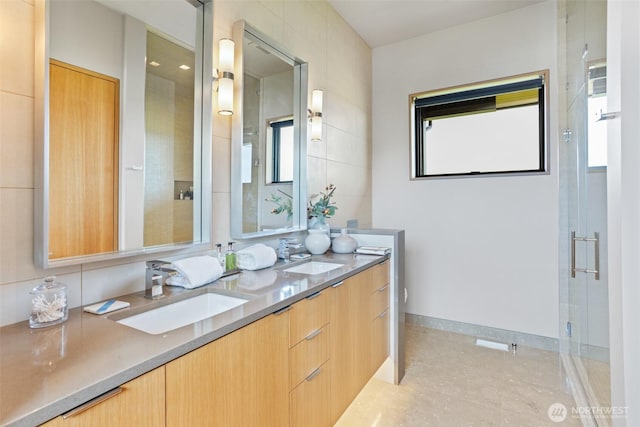 335 Brickwood Dr, Walla Walla, WA 99362 - bathroom featuring double vanity, plenty of natural light, and a shower stall