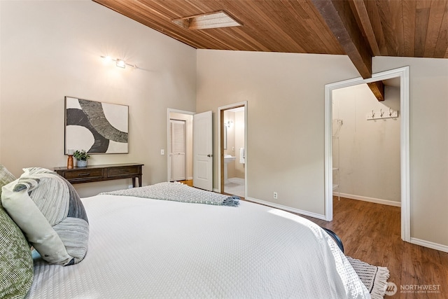 15602 26th Ave SW, Burien, WA 98166 - bedroom featuring wooden ceiling, lofted ceiling, wood finished floors, baseboards, and connected bathroom